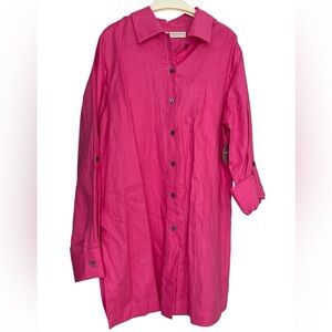 NWT Pink 100% Linen Button Down Shirt Long Roll Tab Sleeve Large Cover Up